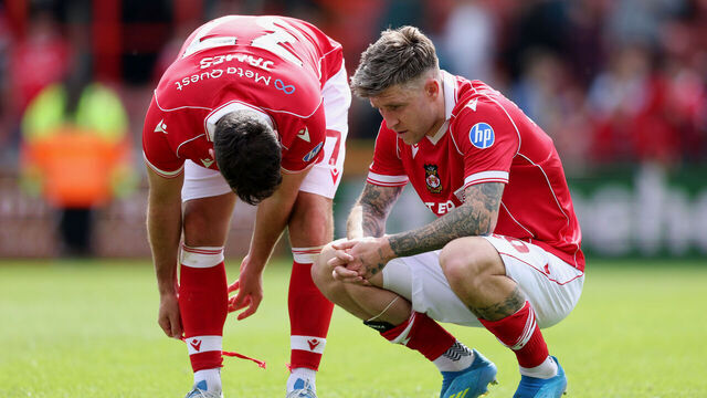 WREXHAM, WALES - MAY 02: Josh Windass of Wrexham looks dejected following the Sky Bet Championship match between Wrexham AFC and Middlesbrough at Racecourse Ground on May 02, 2026 in Wrexham, Wales.