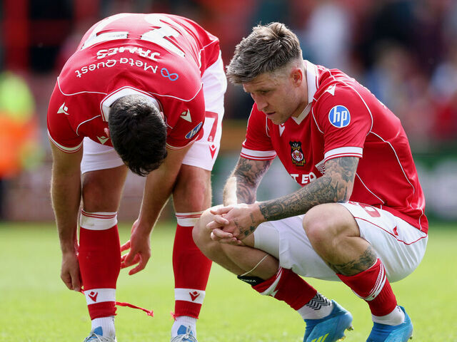 WREXHAM, WALES - MAY 02: Josh Windass of Wrexham looks dejected following the Sky Bet Championship match between Wrexham AFC and Middlesbrough at Racecourse Ground on May 02, 2026 in Wrexham, Wales.