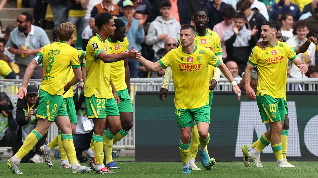 Nantes' players celebrate after scoring a goal during the French L1 football match between FC Nantes and Olympique de Marseille at the Stade de la BeaujoireLouis Fonteneau in Nantes, western France on May 2, 2026.