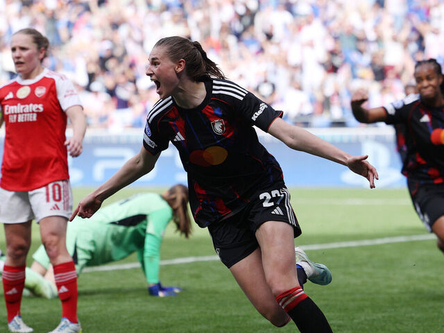 DECINES-CHARPIEU, FRANCE - MAY 02: Jule Brand of OL Lyonnes celebrates scoring her team's third goal during the UEFA Women's Champions League 2025/26 Semi-Final Second Leg match between OL Lyonnes and Arsenal FC at OL Stadium on May 02, 2026 in Decines-Charpieu, France.