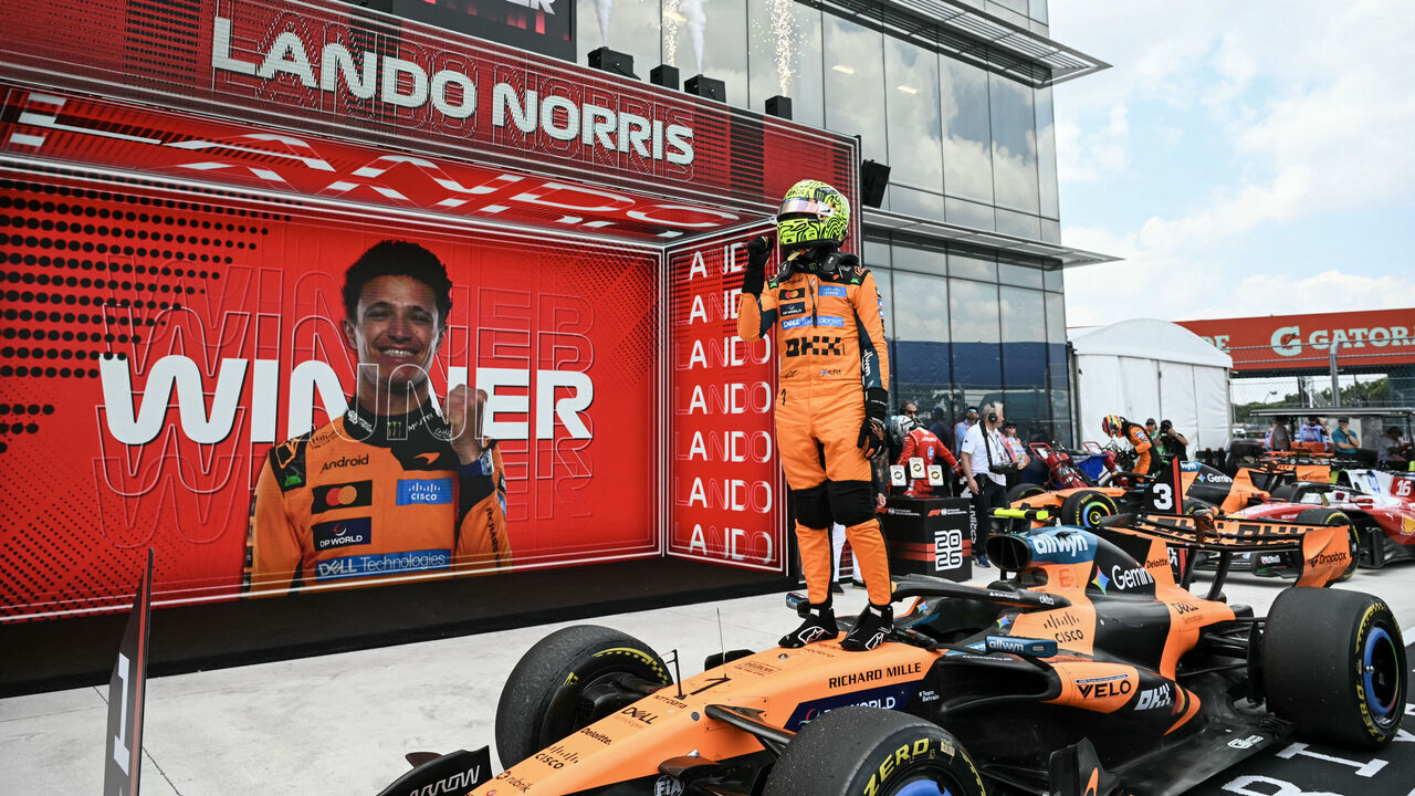 McLaren's British driver Lando Norris celebrates after winning the 2026 Miami Formula One Sprint at Miami International Autodrome in Miami Gardens, Florida, on May 2, 2026.