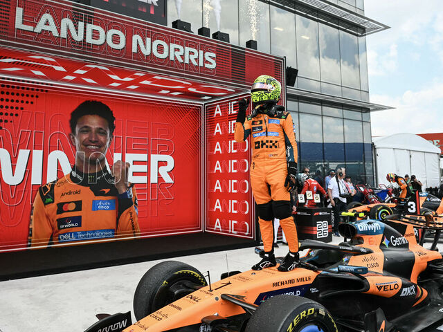 McLaren's British driver Lando Norris celebrates after winning the 2026 Miami Formula One Sprint at Miami International Autodrome in Miami Gardens, Florida, on May 2, 2026.