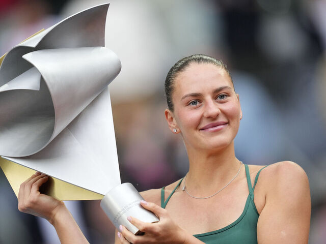Marta Kostyuk of Ukraine celebrates the victory after winning against Mirra Andreeva during Women's Singles final match on Day thirteen of the Mutua Madrid Open 2026, ATP Masters 1000 and WTA 1000 tournament celebrates at La Caja Magica on May 1, 2026 in Madrid, Spain.