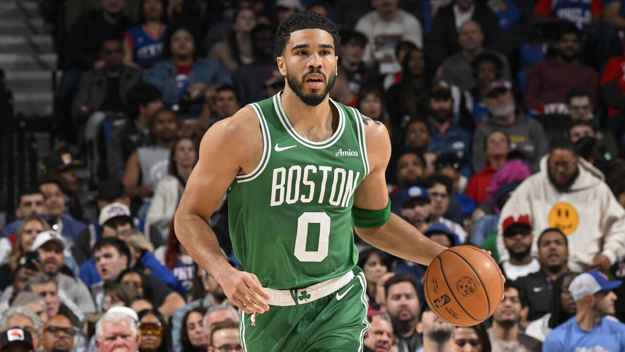 PHILADELPHIA, PA - APRIL 30: Jayson Tatum #0 of the Boston Celtics dribbles the ball during the game against the Philadelphia 76ers during Round One Game Six of the 2026 NBA Playoffs on April 30, 2026 at the Wells Fargo Center in Philadelphia, Pennsylvania NOTE TO USER: User expressly acknowledges and agrees that, by downloading and/or using this Photograph, user is consenting to the terms and conditions of the Getty Images License Agreement. Mandatory Copyright Notice: Copyright 2026 NBAE