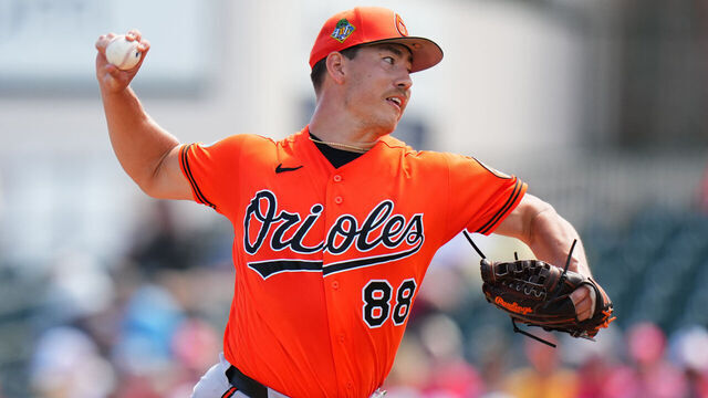 JUPITER, FLORIDA - MARCH 09: Trey Gibson #88 of the Baltimore Orioles throws a pitch against the St. Louis Cardinals during the first inning of a spring training game at Roger Dean Stadium on March 09, 2026 in Jupiter, Florida.