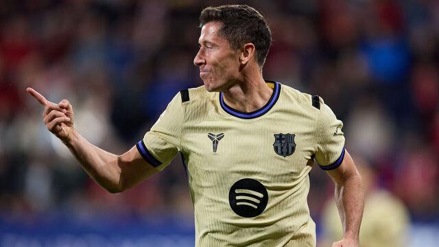PAMPLONA, SPAIN - MAY 02: Robert Lewandowski of FC Barcelona celebrates after scoring his team's first goal during the LaLiga EA Sports match between CA Osasuna and FC Barcelona at Estadio El Sadar on May 02, 2026 in Pamplona, Spain.