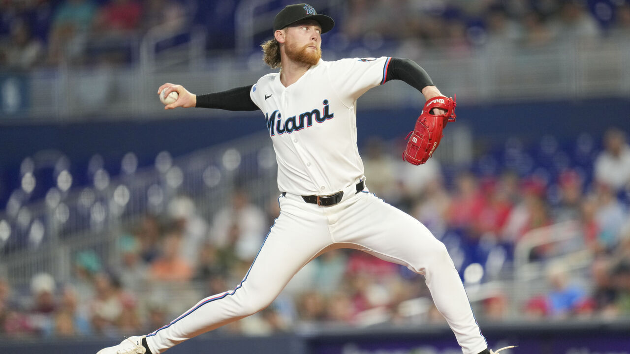 MIAMI, FLORIDA - MAY 02: Max Meyer #23 of the Miami Marlins pitches during the first inning against the Philadelphia Phillies at loanDepot park on May 02, 2026 in Miami, Florida.