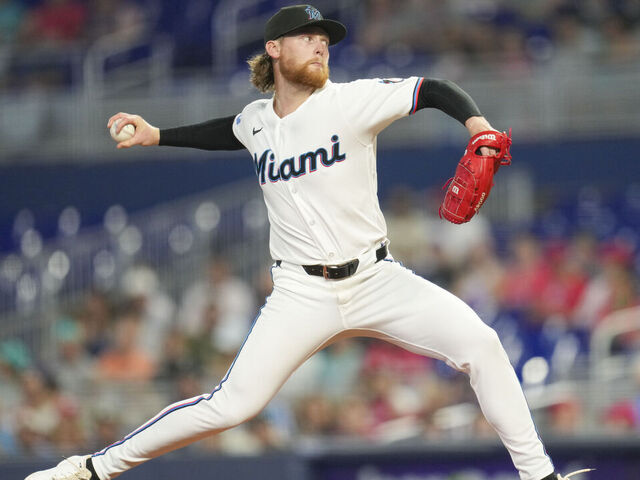 MIAMI, FLORIDA - MAY 02: Max Meyer #23 of the Miami Marlins pitches during the first inning against the Philadelphia Phillies at loanDepot park on May 02, 2026 in Miami, Florida.