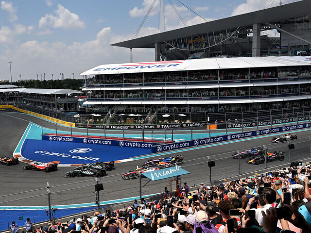 MIAMI, FLORIDA - MAY 02: Lando Norris of Great Britain driving the (1) McLaren MCL40 Mercedes leads the field at the start during the Sprint ahead of the F1 Grand Prix of Miami at Miami International Autodrome on May 02, 2026 in Miami, Florida.