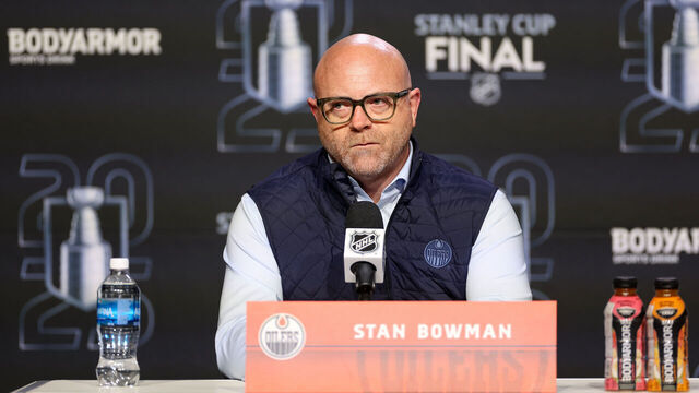 EDMONTON, ALBERTA - JUNE 03: General manager Stan Bowman of the Edmonton Oilers speaks during Media Day prior to the 2025 Stanley Cup Final against the Florida Panthers at Rogers Place on June 03, 2025 in Edmonton, Alberta.