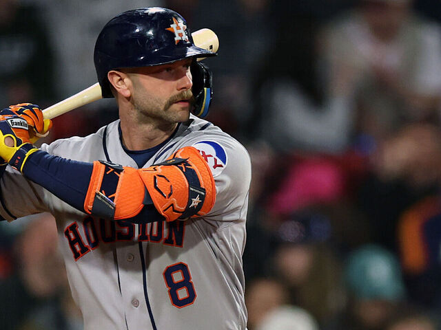 BOSTON, MASSACHUSETTS - MAY 01: Christian Walker #8 of the Houston Astros at bat against the Boston Red Sox during the eighth inning at Fenway Park on May 01, 2026 in Boston, Massachusetts.