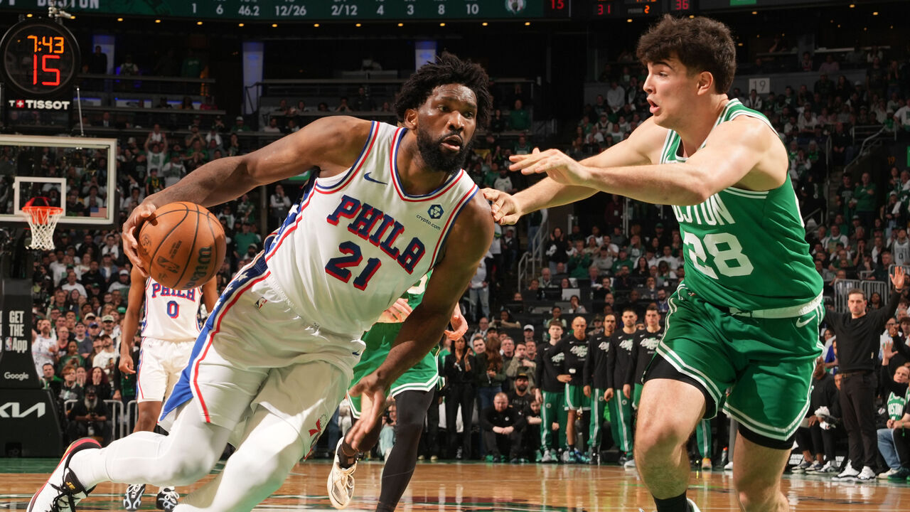 BOSTON, MA - MAY 2: Joel Embiid #21 of the Philadelphia 76ers drives to the basket during the game against the Boston Celtics during Round One Game Seven of the 2026 NBA Playoffs on May 2, 2026 at TD Garden in Boston, Massachusetts. NOTE TO USER: User expressly acknowledges and agrees that, by downloading and/or using this Photograph, user is consenting to the terms and conditions of the Getty Images License Agreement. Mandatory Copyright Notice: Copyright 2026 NBAE