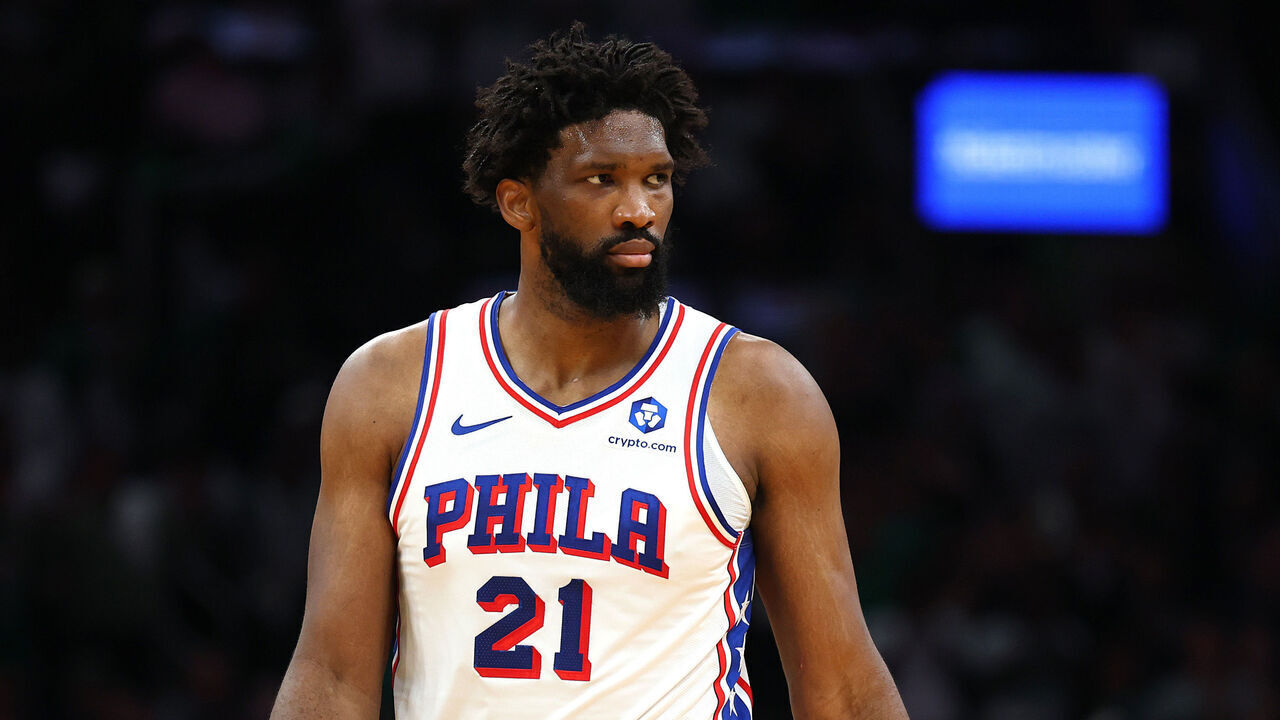 BOSTON, MASSACHUSETTS - MAY 02: Joel Embiid #21 of the Philadelphia 76ers looks on during the fourth quarter of a game against the Boston Celtics in Game Seven of the First Round of the NBA Eastern Conference Playoffs at TD Garden on May 02, 2026 in Boston, Massachusetts.