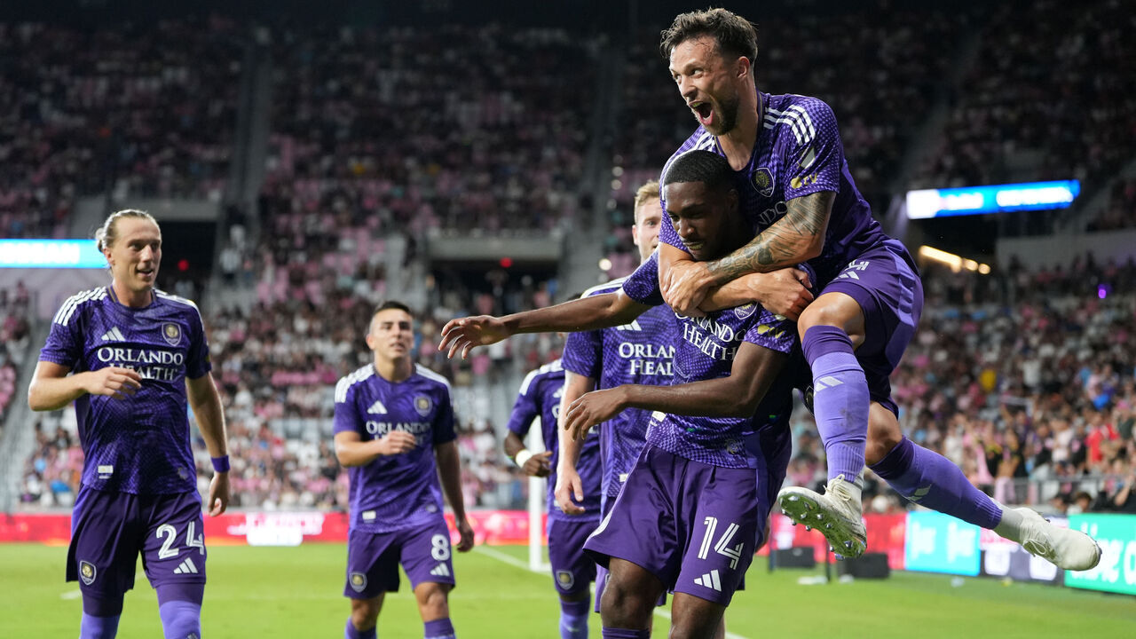 MIAMI, FLORIDA - MAY 02: Tyrese Spicer #14 of Orlando City. celebrates after scoring his team's fourth goal during the MLS match between Inter Miami CF and Orlando City SC at Nu Stadium on May 02, 2026 in Miami, Florida.