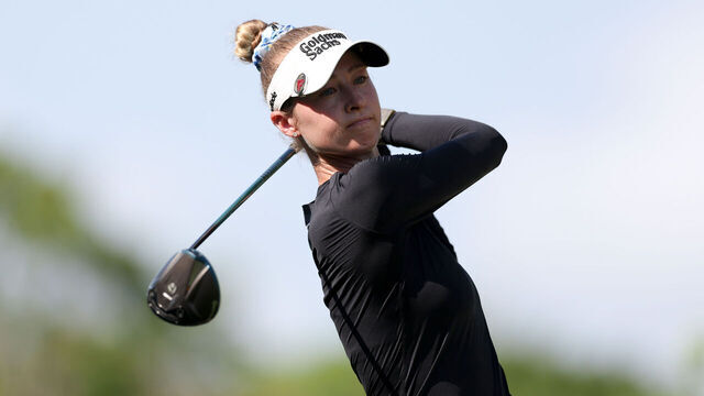 PLAYA DEL CARMEN, MEXICO - MAY 02: Nelly Korda of the United States plays her shot from the ninth tee during the third round of the Mexico Riviera Maya Open at Mayakoba 2026 at El Camaleon at Mayakoba on May 02, 2026 in Playa del Carmen, Mexico.