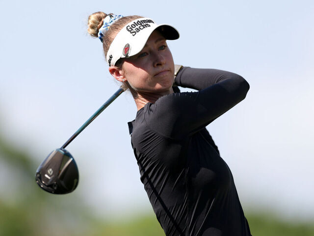 PLAYA DEL CARMEN, MEXICO - MAY 02: Nelly Korda of the United States plays her shot from the ninth tee during the third round of the Mexico Riviera Maya Open at Mayakoba 2026 at El Camaleon at Mayakoba on May 02, 2026 in Playa del Carmen, Mexico.