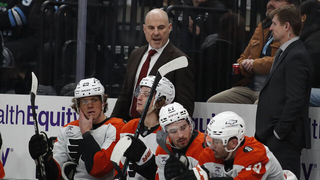 SALT LAKE CITY, UT - JANUARY 21: Head Coach Rick Tocchet of the Philadelphia Flyers talks on the bench during the second period of their game against the Utah Mammoth at the Delta Center on January 21, 2026 in Salt Lake City, Utah.