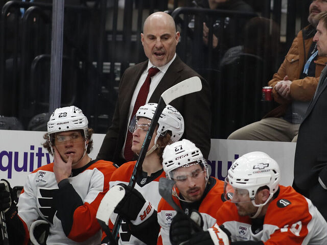 SALT LAKE CITY, UT - JANUARY 21: Head Coach Rick Tocchet of the Philadelphia Flyers talks on the bench during the second period of their game against the Utah Mammoth at the Delta Center on January 21, 2026 in Salt Lake City, Utah.