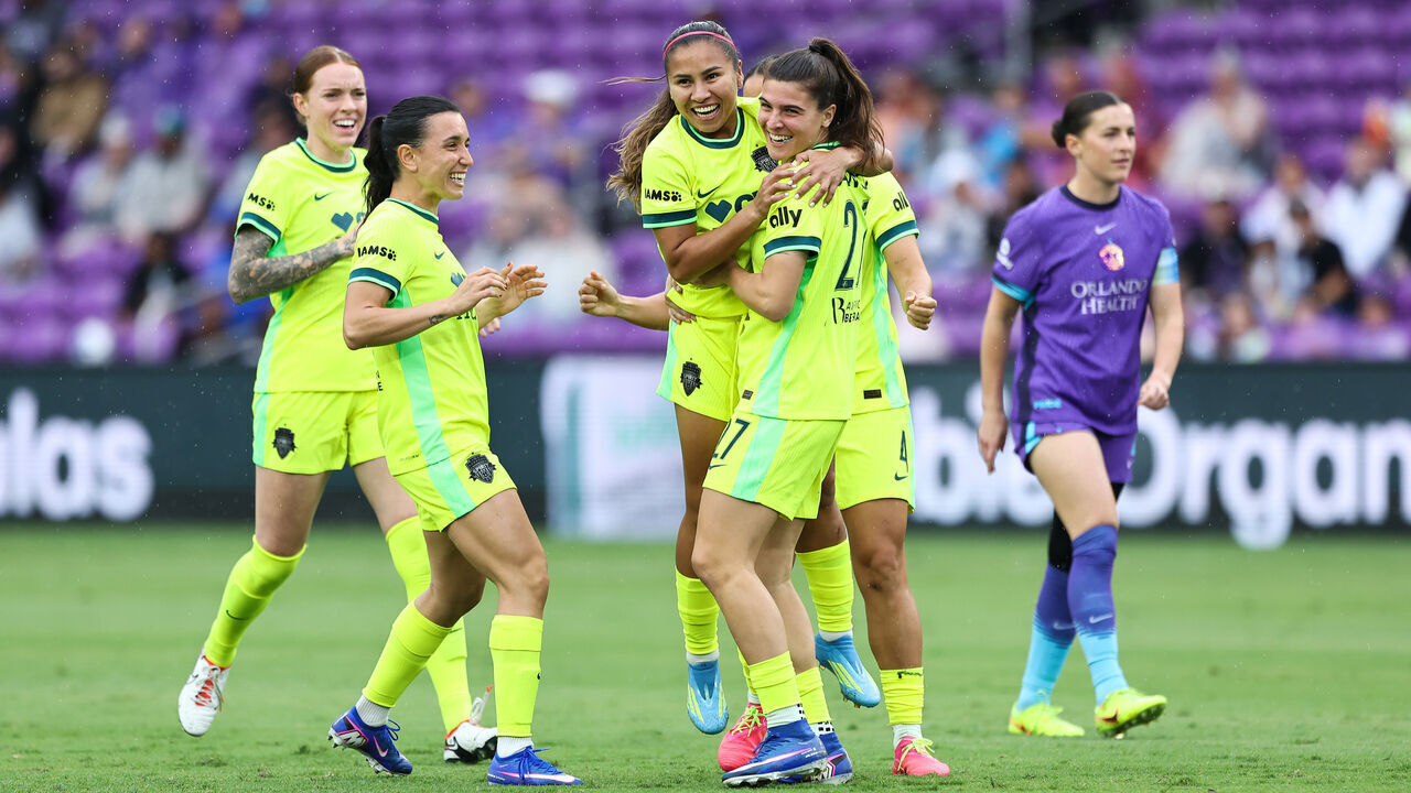 ORLANDO, FLORIDA - MAY 02: Sofia Cantore #27 of Washington Spirit celebrates scoring her team's first goal with teammates during the NWSL match between Orlando Pride and Washington Spirit at Inter&Co Stadium on May 02, 2026 in Orlando, Florida.