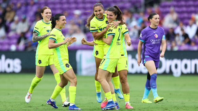 ORLANDO, FLORIDA - MAY 02: Sofia Cantore #27 of Washington Spirit celebrates scoring her team's first goal with teammates during the NWSL match between Orlando Pride and Washington Spirit at Inter&Co Stadium on May 02, 2026 in Orlando, Florida.
