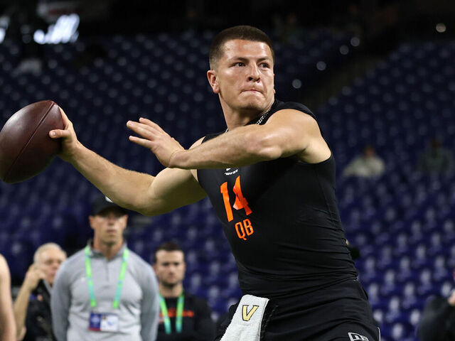 INDIANAPOLIS, INDIANA - FEBRUARY 28: Diego Pavia of the Vanderbilt Commodores throws a pass during the 2026 NFL Scouting Combine at Lucas Oil Stadium on February 28, 2026 in Indianapolis, Indiana.