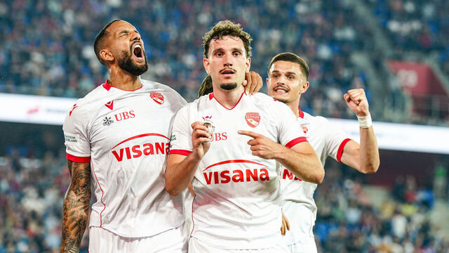 BASEL, SWITZERLAND - MAY 02: Valmir Matoshi of FC Thun (C) celebrates with teammates the first team goal during the Swiss Super League match between FC Basel 1893 and FC Thun at St. Jakob-Park on May 02, 2026 in Basel, Switzerland.