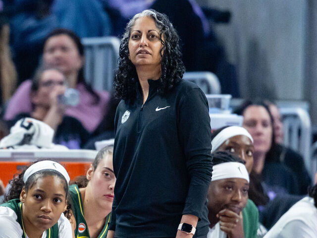 SAN FRANCISCO, CA - APRIL 25: Head coach Sonia Raman of the Seattle Storm looks on during a preseason game against the Golden State Valkyries on April 25, 2026 at Chase Center in San Francisco, CA.