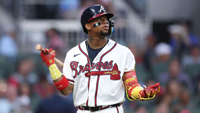 ATLANTA, GEORGIA - APRIL 29: Ronald Acuña Jr. #13 of the Atlanta Braves reacts after striking out in the third inning against the Detroit Tigers at Truist Park on April 29, 2026 in Atlanta, Georgia.