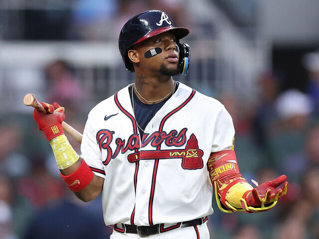 ATLANTA, GEORGIA - APRIL 29: Ronald Acuña Jr. #13 of the Atlanta Braves reacts after striking out in the third inning against the Detroit Tigers at Truist Park on April 29, 2026 in Atlanta, Georgia.
