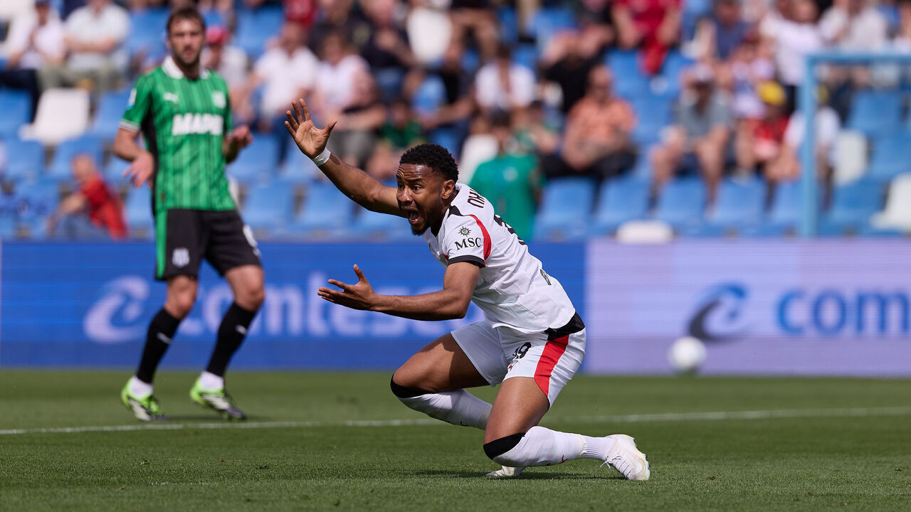 SASSUOLO, ITALY - MAY 03: Christopher Nkunku of AC Milan reacts during the Serie A match between US Sassuolo Calcio and AC Milan at Mapei Stadium Citta del Tricolore on May 03, 2026 in Sassuolo, Italy.