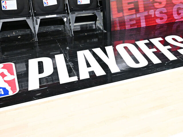 ATLANTA, GA - APRIL 30: The NBA Playoffs logo shown before the game between the New York Knicks and the Atlanta Hawks during Round One Game Six of the 2026 NBA Playoffs on April 30, 2026 at State Farm Arena in Atlanta, Georgia. NOTE TO USER: User expressly acknowledges and agrees that, by downloading and/or using this Photograph, user is consenting to the terms and conditions of the Getty Images License Agreement. Mandatory Copyright Notice: Copyright 2026 NBAE