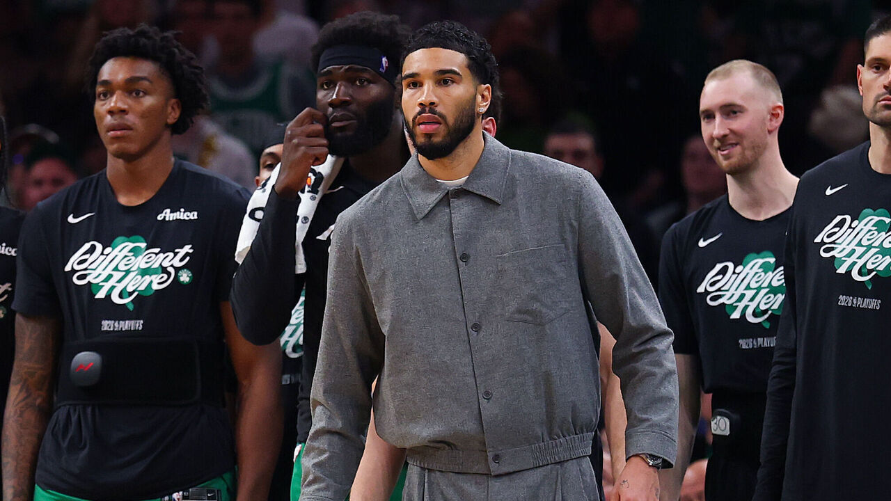 BOSTON, MASSACHUSETTS - MAY 02: Jayson Tatum #0 of the Boston Celtics watches from the bench during the third quarter of a game against the Philadelphia 76ers in Game Seven of the First Round of the NBA Eastern Conference Playoffs at TD Garden on May 02, 2026 in Boston, Massachusetts.