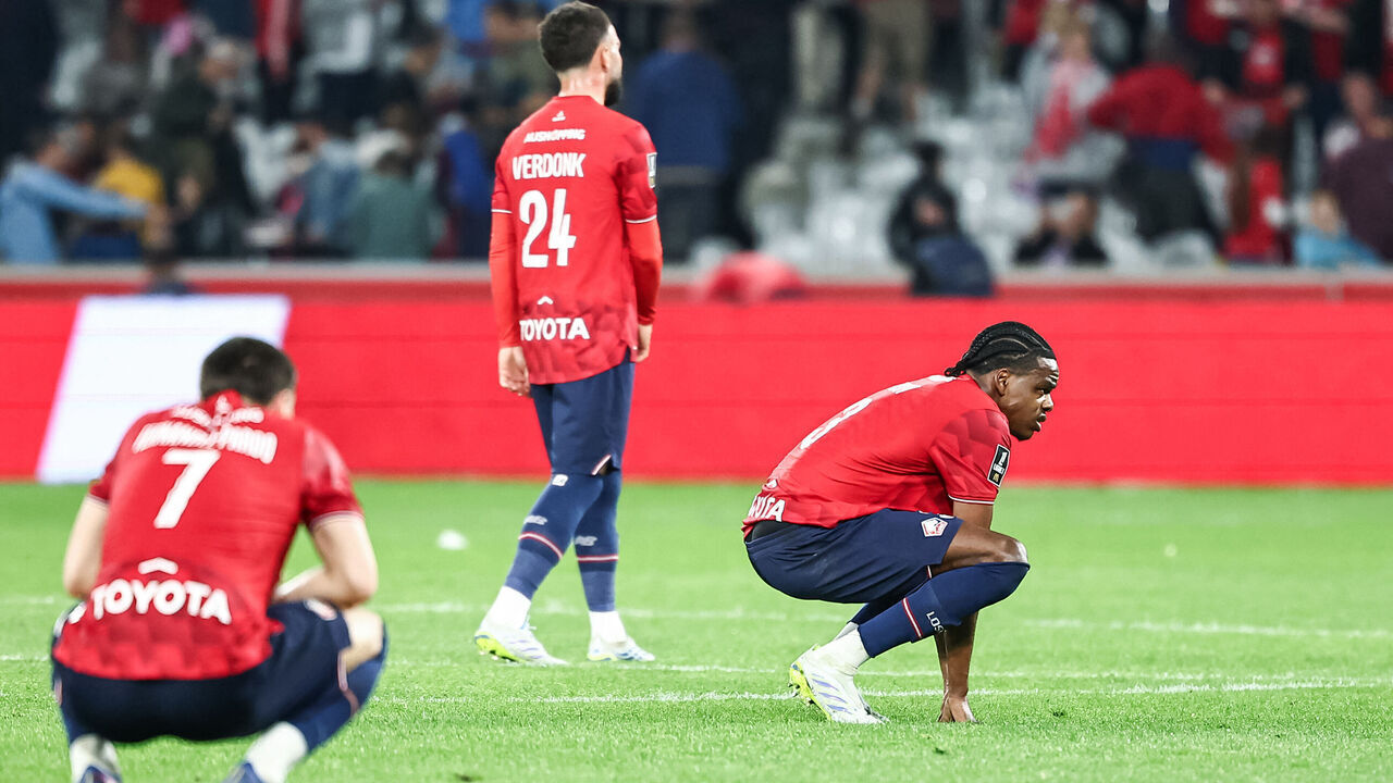 Lille's Belgian defender #03 Nathan Ngoy (R) reacts at the end of the French L1 football match between Lille LOSC and Le Havre AC at the Pierre Mauroy stadium in Villeneuve-d'Ascq, northern France, on May 3, 2026.