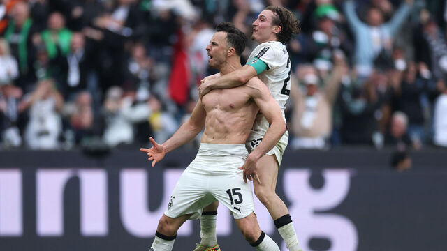 MOENCHENGLADBACH, GERMANY - MAY 03: Haris Tabakovic of Borussia Monchengladbach celebrates scoring his team's first goal with teammate Rocco Reitz during the Bundesliga match between Borussia Mönchengladbach and Borussia Dortmund at Borussia-Park on May 03, 2026 in Moenchengladbach, Germany.