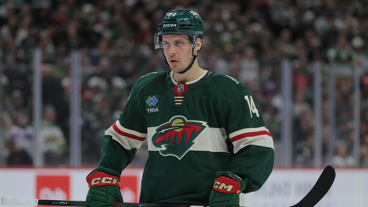 SAINT PAUL, MN - APRIL 25: Minnesota Wild center Joel Eriksson Ek (14) lines up for a face-off during the Dallas Stars versus Minnesota Wild game four Stanley Cup Playoffs First Round game on April 25th, 2026, at Grand Casino Arena in St. Paul, MN.