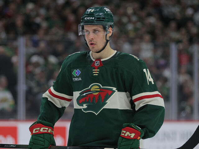 SAINT PAUL, MN - APRIL 25: Minnesota Wild center Joel Eriksson Ek (14) lines up for a face-off during the Dallas Stars versus Minnesota Wild game four Stanley Cup Playoffs First Round game on April 25th, 2026, at Grand Casino Arena in St. Paul, MN.