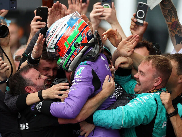 MIAMI, FLORIDA - MAY 03: Race winner Andrea Kimi Antonelli of Italy and Mercedes AMG Petronas F1 Team celebrates with his team in parc ferme during the F1 Grand Prix of Miami at Miami International Autodrome on May 03, 2026 in Miami, Florida.