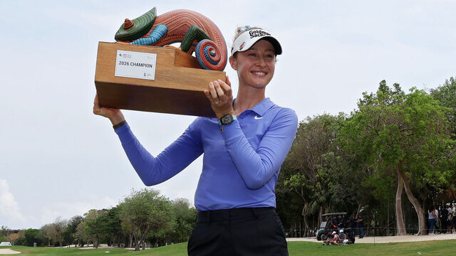 PLAYA DEL CARMEN, MEXICO - MAY 03: (EDITOR'S NOTE: This image was sent with alternate crop.) Nelly Korda of the United States poses for photos with the trophy during the trophy ceremony after winning the Mexico Riviera Maya Open at Mayakoba 2026 at El Camaleon at Mayakoba on May 03, 2026 in Playa del Carmen, Mexico.