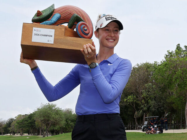 PLAYA DEL CARMEN, MEXICO - MAY 03: (EDITOR'S NOTE: This image was sent with alternate crop.) Nelly Korda of the United States poses for photos with the trophy during the trophy ceremony after winning the Mexico Riviera Maya Open at Mayakoba 2026 at El Camaleon at Mayakoba on May 03, 2026 in Playa del Carmen, Mexico.