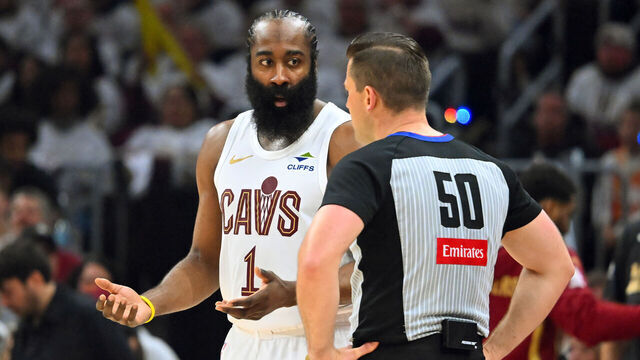 CLEVELAND, OHIO - APRIL 29: James Harden #1 of the Cleveland Cavaliers talks to referee Gediminas Petraitis #50 during the second quarter of Game Five of the Eastern Conference First Round NBA Playoffs against the Toronto Raptors at Rocket Arena on April 29, 2026 in Cleveland, Ohio.