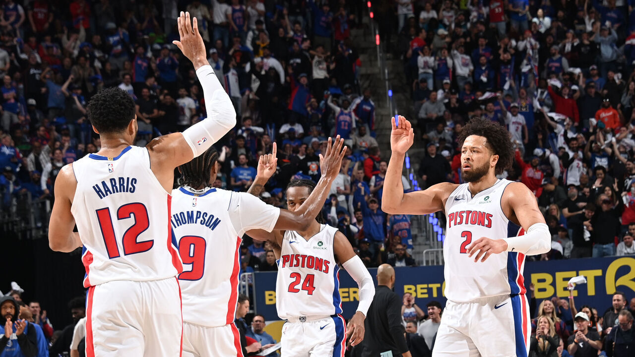 DETROIT, MI - MAY 3: Tobias Harris #12, Ausar Thompson #9, Cade Cunningham #2 high five during the game against the Orlando Magic during Round One Game Seven of the 2026 NBA Playoffs on May 3, 2026 at Little Caesars Arena in Detroit, Michigan. NOTE TO USER: User expressly acknowledges and agrees that, by downloading and/or using this photograph, User is consenting to the terms and conditions of the Getty Images License Agreement. Mandatory Copyright Notice: Copyright 2026 NBAE