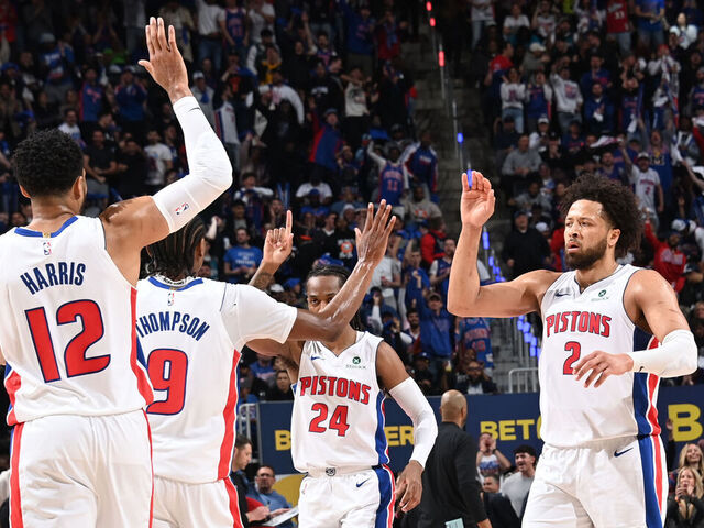 DETROIT, MI - MAY 3: Tobias Harris #12, Ausar Thompson #9, Cade Cunningham #2 high five during the game against the Orlando Magic during Round One Game Seven of the 2026 NBA Playoffs on May 3, 2026 at Little Caesars Arena in Detroit, Michigan. NOTE TO USER: User expressly acknowledges and agrees that, by downloading and/or using this photograph, User is consenting to the terms and conditions of the Getty Images License Agreement. Mandatory Copyright Notice: Copyright 2026 NBAE