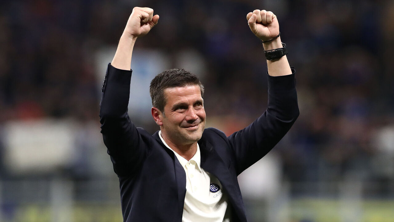MILAN, ITALY - MAY 03: Cristian Chivu, Head Coach of FC Internazionale Milano, celebrates after being confirmed as Serie A champions following victory in the Serie A match between FC Internazionale and Parma Calcio 1913 at Giuseppe Meazza Stadium on May 03, 2026 in Milan, Italy.