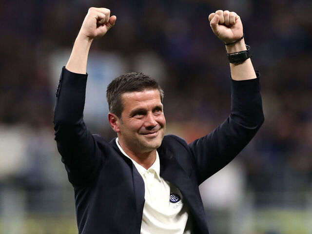 MILAN, ITALY - MAY 03: Cristian Chivu, Head Coach of FC Internazionale Milano, celebrates after being confirmed as Serie A champions following victory in the Serie A match between FC Internazionale and Parma Calcio 1913 at Giuseppe Meazza Stadium on May 03, 2026 in Milan, Italy.