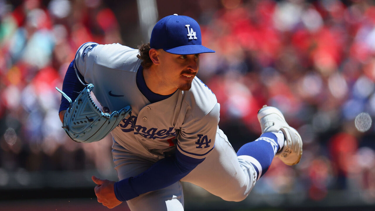 ST LOUIS, MISSOURI - MAY 3: Justin Wrobleski #70 of the Los Angeles Dodgers delivers a pitch against the St. Louis Cardinals in the first inning at Busch Stadium on May 3, 2026 in St Louis, Missouri.