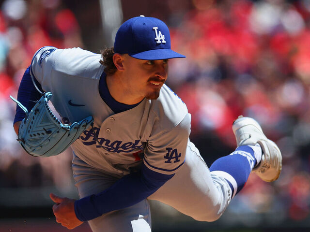 ST LOUIS, MISSOURI - MAY 3: Justin Wrobleski #70 of the Los Angeles Dodgers delivers a pitch against the St. Louis Cardinals in the first inning at Busch Stadium on May 3, 2026 in St Louis, Missouri.