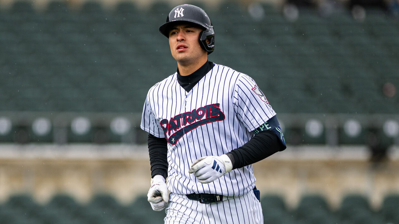 Anthony Volpe of the Somerset Patriots exits the field during a Minor League Baseball game at TD Bank Ballpark in Bridgewater, United States, on April 16, 2026.