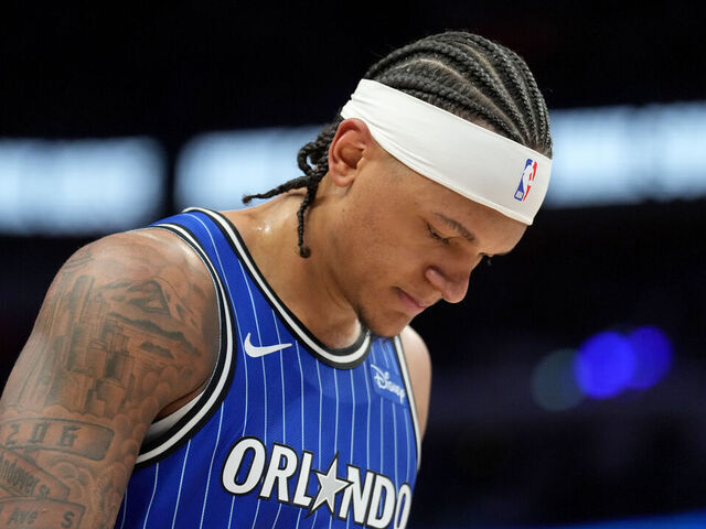DETROIT, MICHIGAN - MAY 03: Paolo Banchero #5 of the Orlando Magic looks on against the Detroit Pistons during the fourth quarter in Game Seven of the First Round of the NBA Eastern Conference Playoffs at Little Caesars Arena on May 03, 2026 in Detroit, Michigan.