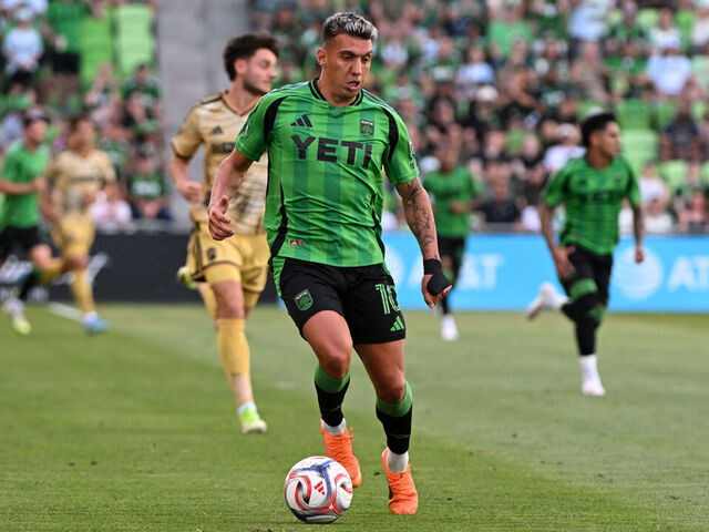 AUSTIN, TX - May 03: Austin FC forward Myrto Uzuni looks for an open space during MLS game between St Louis City SC and Austin FC on May 3, 2026 at Q2 Stadium in Austin, TX.