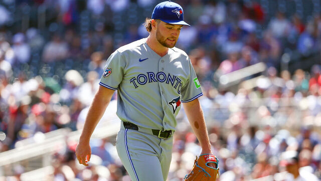MINNEAPOLIS, MN - MAY 03: Trey Yesavage #39 of the Toronto Blue Jays looks on during the game between the Toronto Blue Jays and the Minnesota Twins at Target Field on Sunday, May 3, 2026 in Minneapolis, Minnesota.